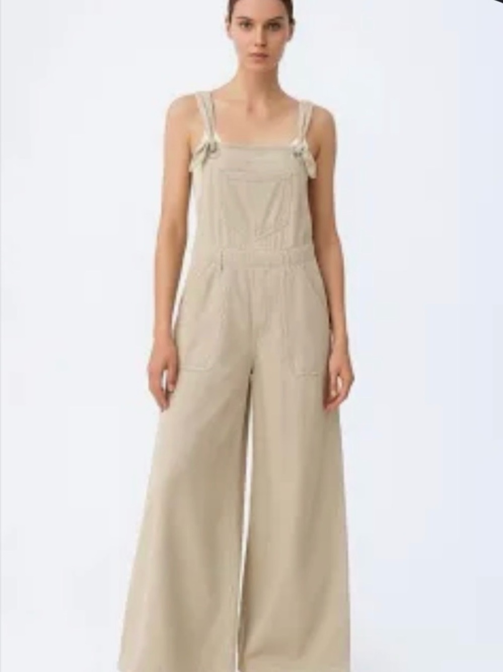 Anthropologie Utility Palazzo Overalls Light Tan Roomy Relaxed Wide Legs